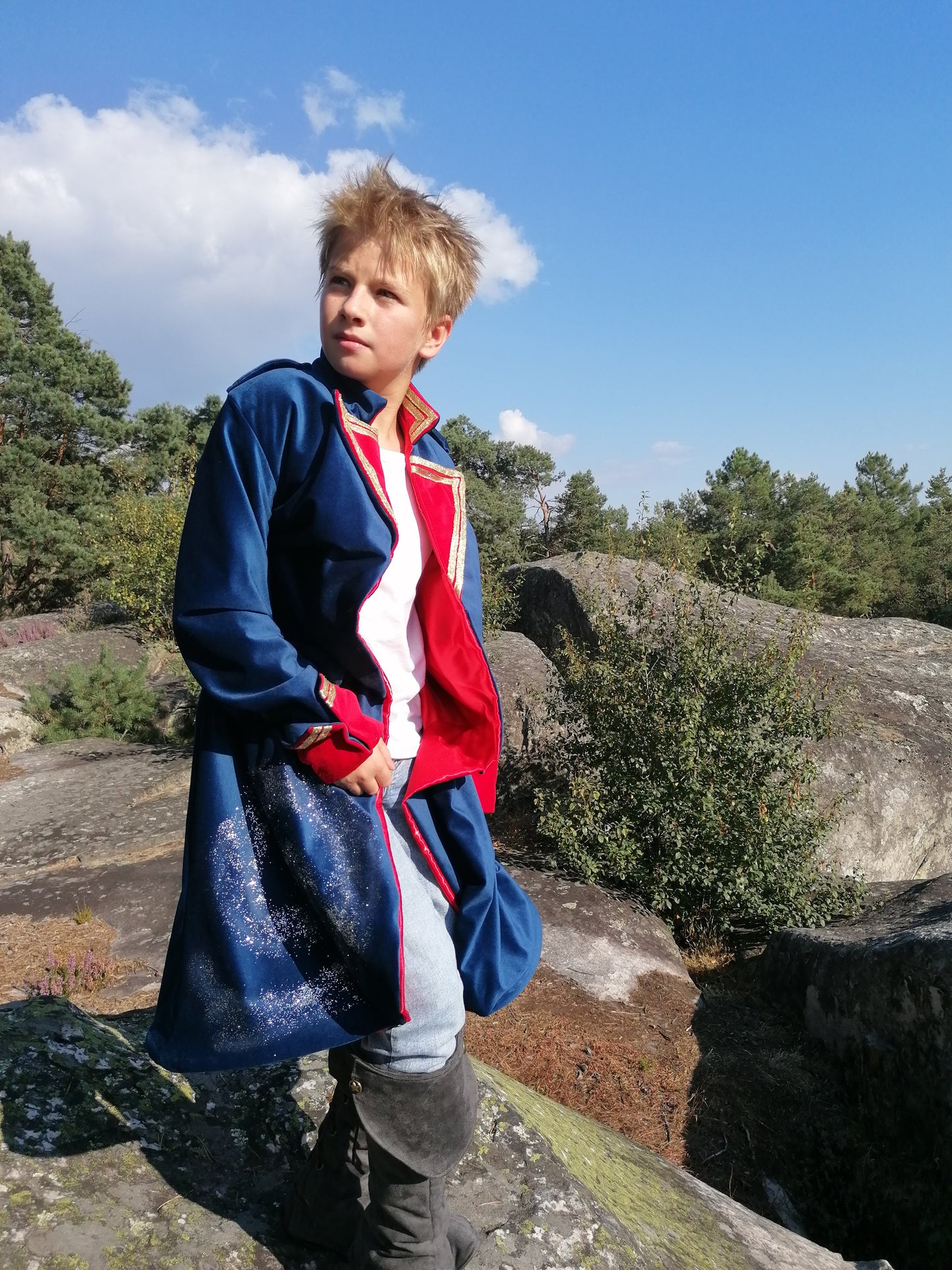 Manteau Petit Prince Saint-Exupéry – Velours Bleu et Rouge, Satin Rouge, Boutons Étoiles – Costume Cosplay, Déguisement Enfant ou Adulte