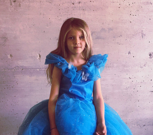 Robe de princesse Cendrillon fille – Déguisement satin et tulle pailleté – Robe bal bleue