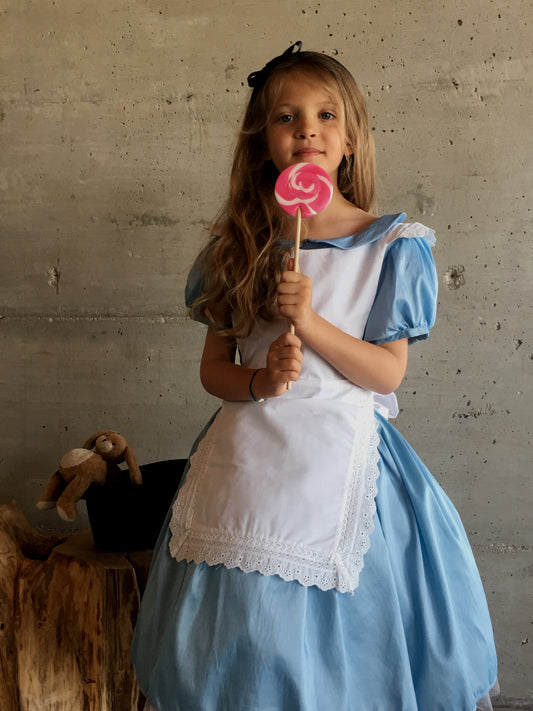 Robe Alice au Pays des Merveilles fille - Taffetas bleu et coton blanc, costume de luxe avec tablier et serre-tête