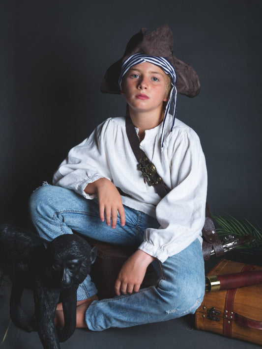 Tricorne de pirate en suédine et tissu marinière – Chapeau déguisement pirate fait main – Taille enfant ou adulte