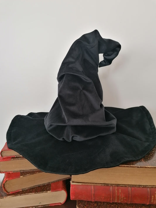 Chapeau de sorcier adulte et enfant, velours noir, doublure satin ivoire, large bord, déguisement Halloween, cosplay sorcière