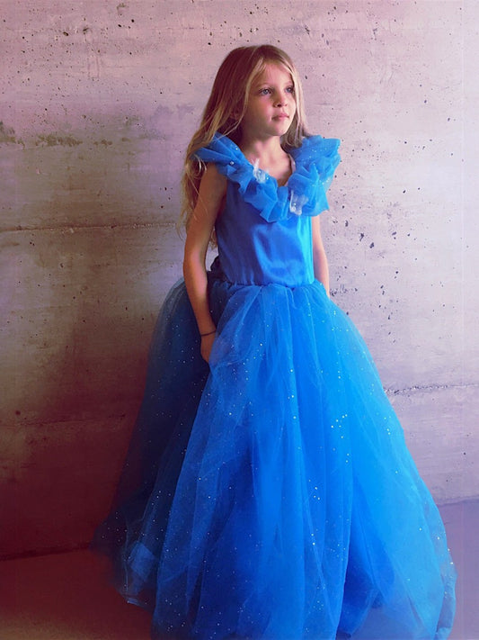 Robe de princesse Cendrillon fille – Déguisement satin et tulle pailleté – Robe bal bleue