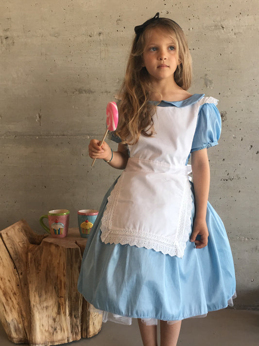 Robe Alice au Pays des Merveilles fille - Taffetas bleu et coton blanc, costume de luxe avec tablier et serre-tête